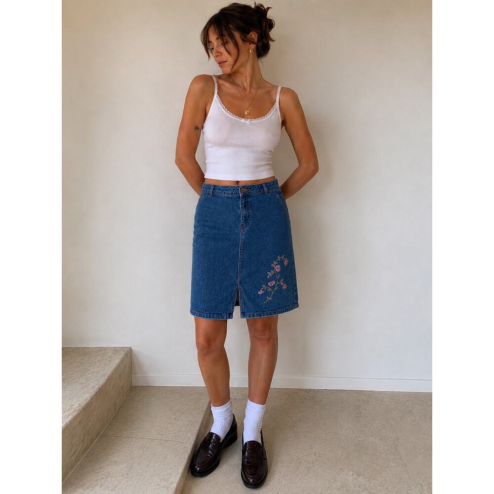 Vintage Embroidered Denim Mini Skirt Cottagecore Y2K Skirt Women’s 10 - Picture 1 of 3